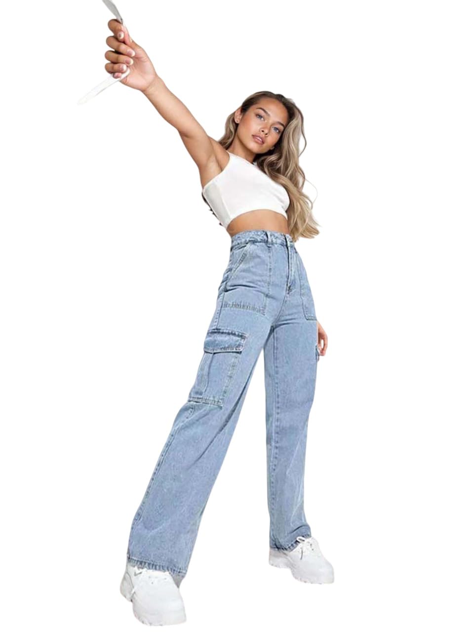 Kotty WomenS Solid High Rise Relaxed Fit Cargo Jeans Light Blue