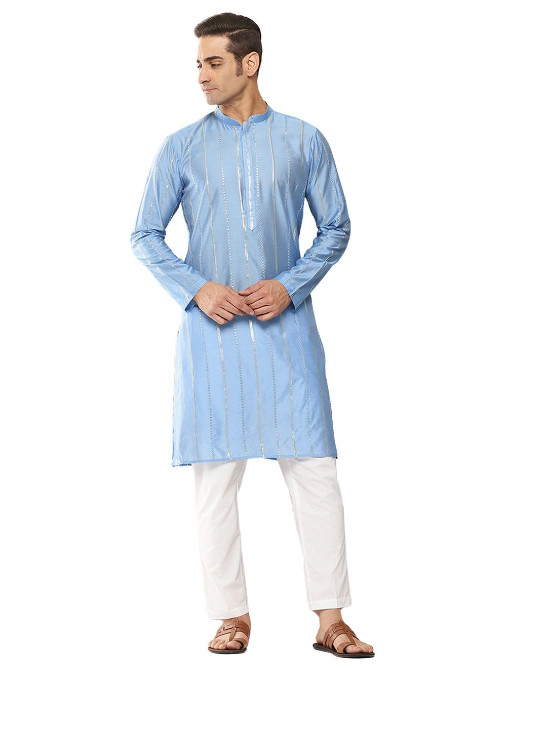 See Designs Mens Long Sleeve Side Slit Turquoise Blue Sequins Embroidered Chanderi Silk Straight Mandarin Collar Kurta - SDKT28