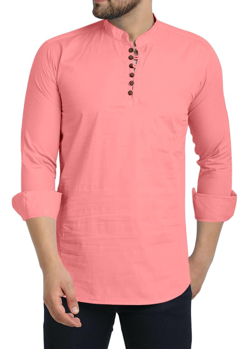 ROYALSCOUT Mens Cotton Blend Full Sleeve Short Kurta with Mandarin Collar Peach