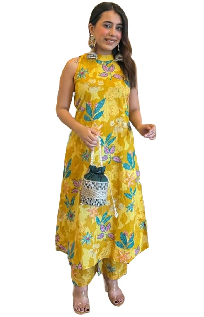 ANNI DESIGNER Womens Rayon Viscose Printed Straight Kurta with Palazzo (IZAAN Yellow_XL_Yellow_X-Large)