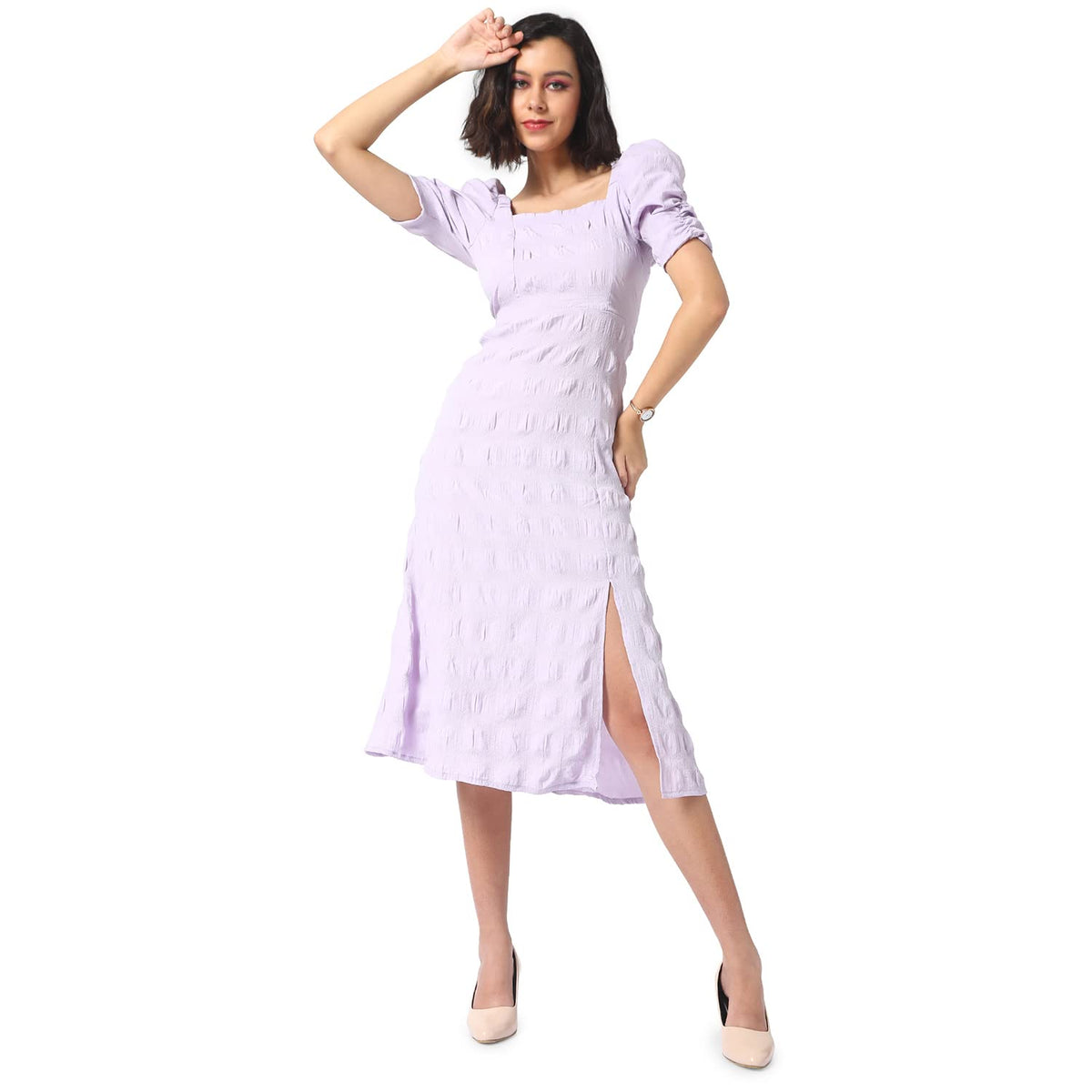 Campus Sutra WomenS Solid Lilac Dress With Slit Detail For Casual Wear | Short Sleeve | Polyester Midi Length Dress Crafted Wit