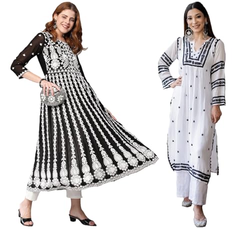 ANNI DESIGNER Womens Cotton Blend Embroidered Straight Kurti Combo Pack of 2 (Stho White & Kari Black_2096_Multicolor_X-Large)