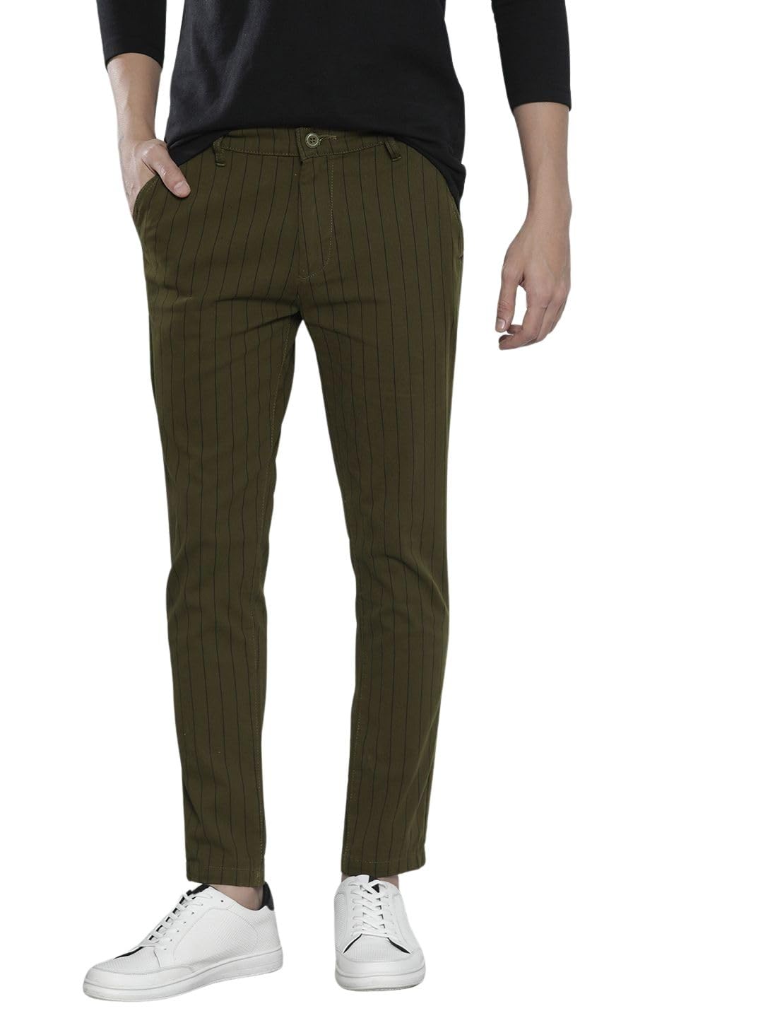 The Indian Garage Co Men Slim Fit Striped Mid-Rise Stretchable Chinos Olive