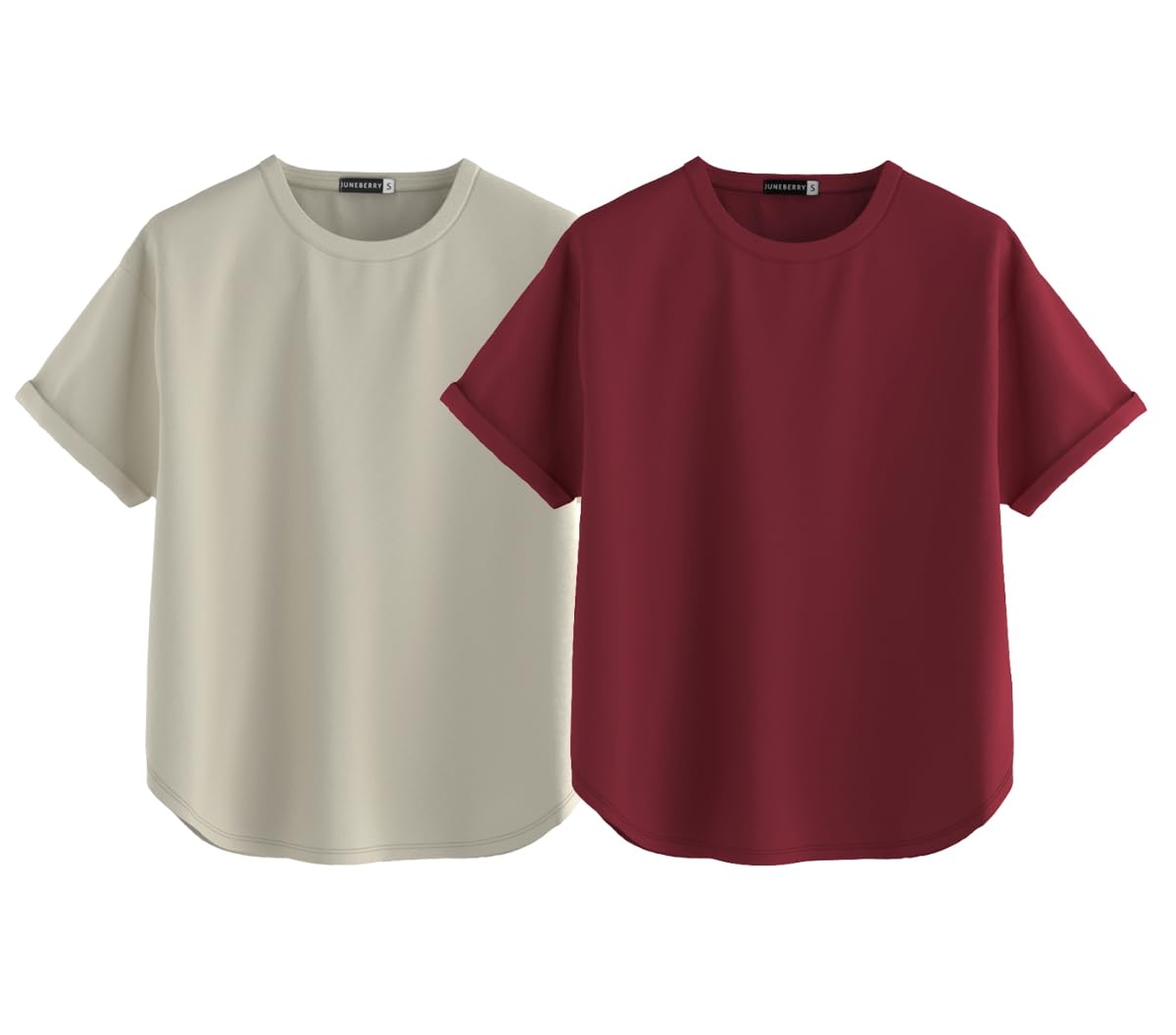 Juneberry Pure 100% Cotton Oversized Loose Baggy Fit Round Neck With Drop Shoulder Swanwhite & Maroon Half Sleeves Boyfriend T-S