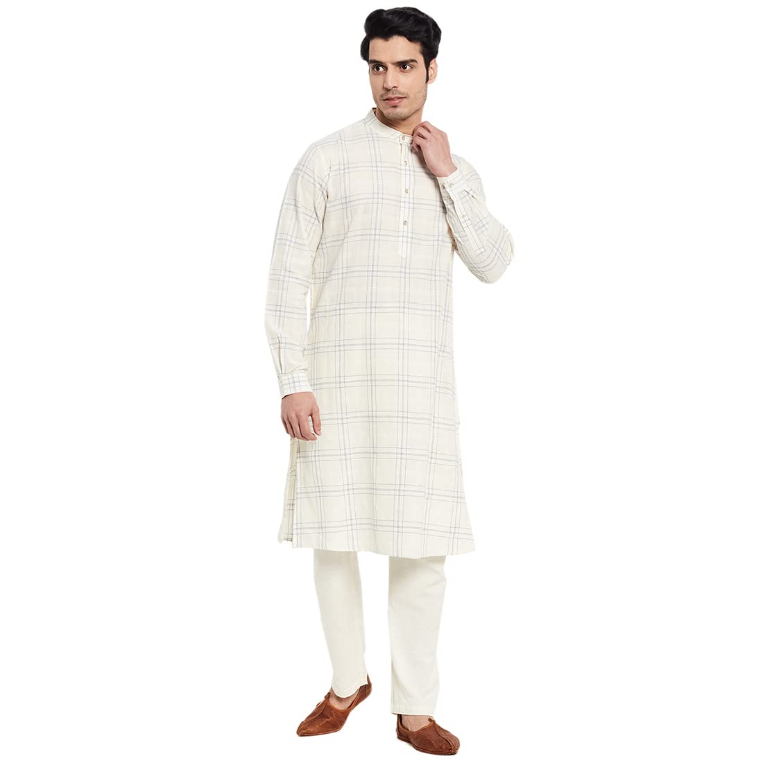 Fabindia Men Dobby Slim Fit Long Kurta With Cuff Cotton_Xs White