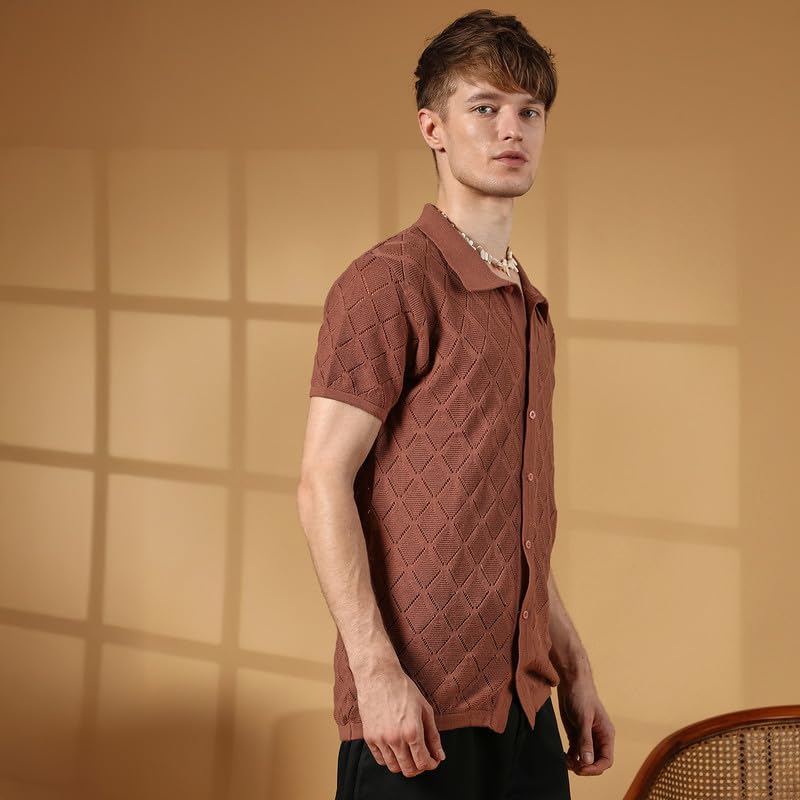 Campus Sutra Mens Sienna Brown Rhombus-Knit Slim-Fit Shirt for Casual Wear | Polo Neck | Short Sleeve | Button Closure | Shirt