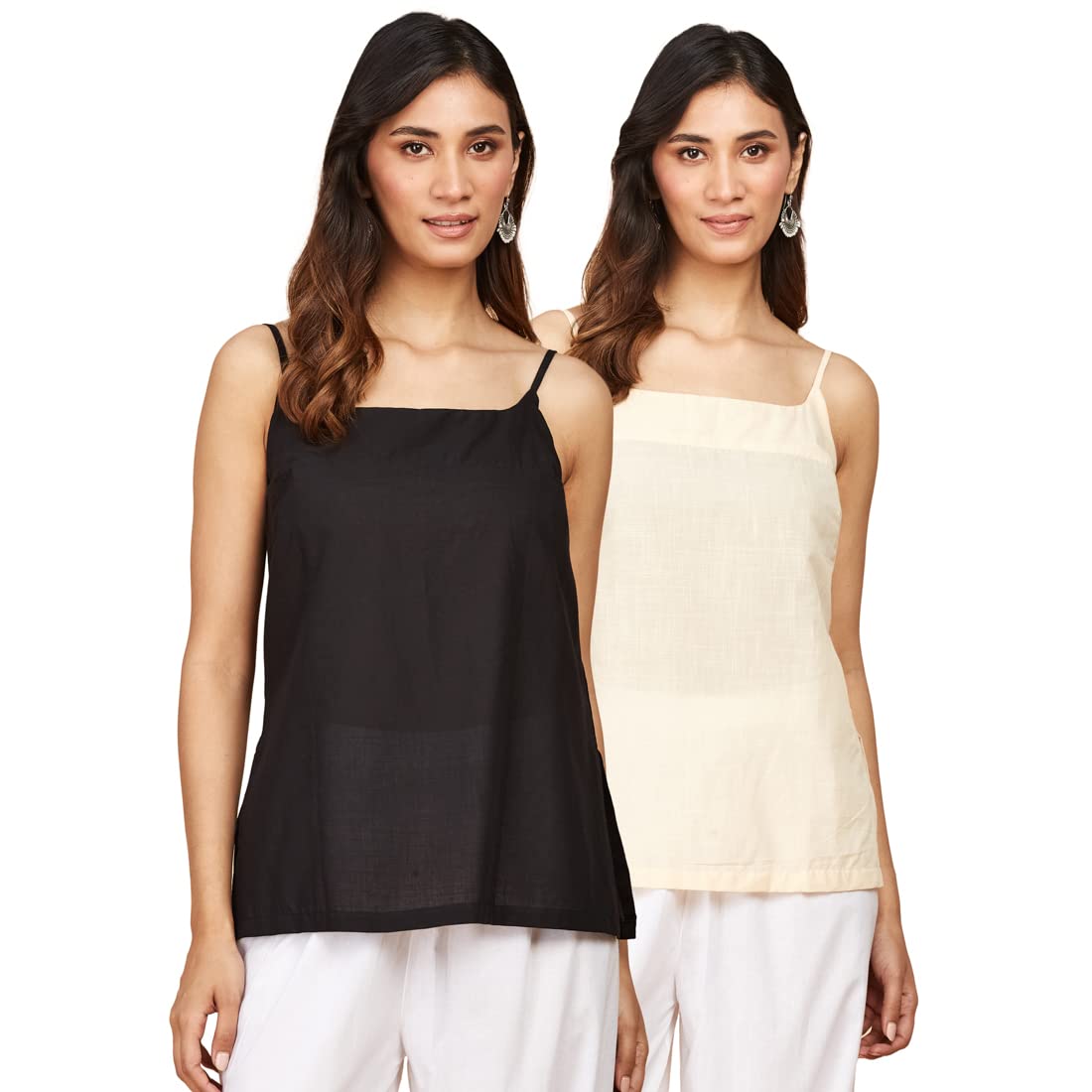 Fabindia Pack Of 2 Cotton Short Slips (Black And Beige) (M)