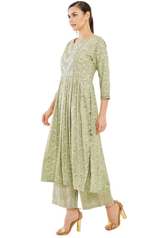 Soch Womens Sap Green Rayon Pleated Printed Kurta Set with Palazzo and Embellishments