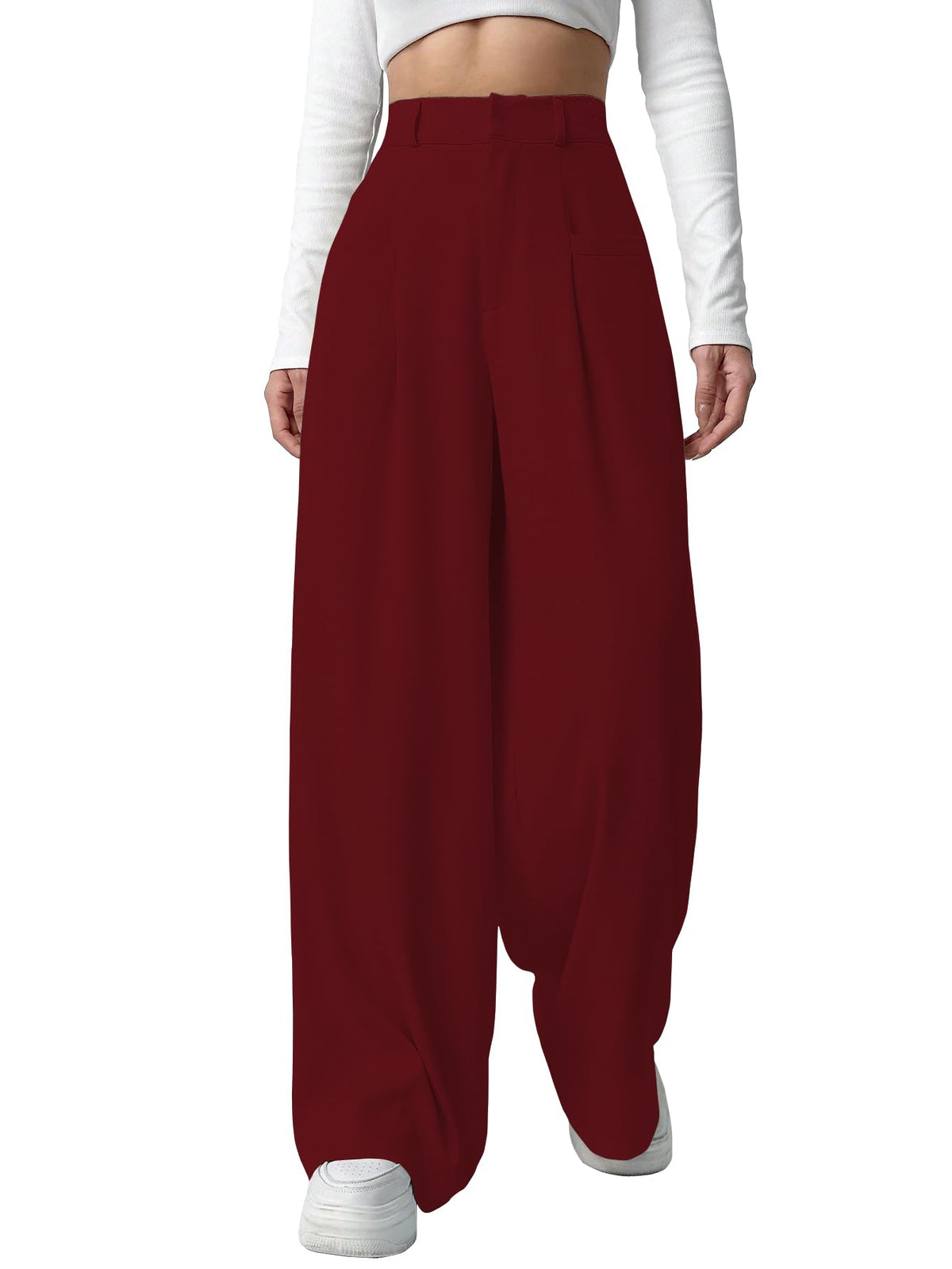 Shasmi Women & Girls Solid Maroon Color Loose Fit, Pleated Trousers, Wide Leg Pocket Casual Long Korean Trousers Pant (Pant 146