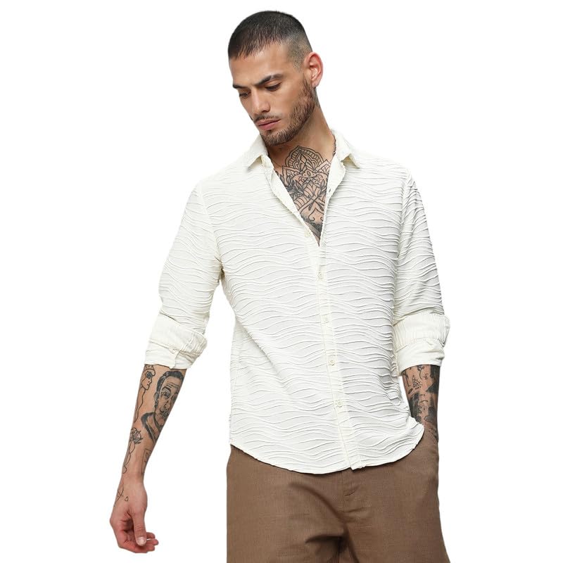 Campus Sutra Mens Ivory White Self-Design Wave Shirt for Casual Wear | Spread Collar | Long Sleeves | Button Closure | Shirt Cr