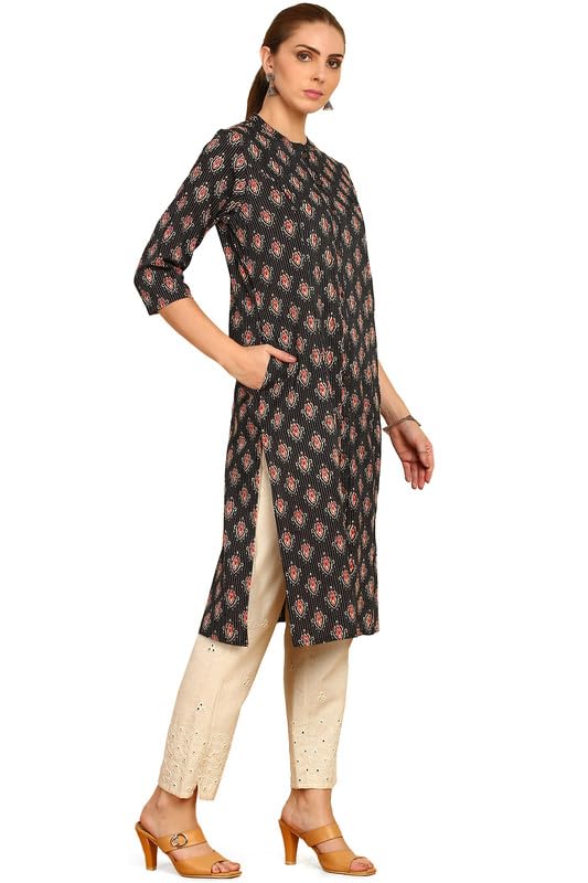 Soch Womens Black Ethnic Motif Printed Cotton Kurta with Mandarin Collar