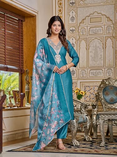 Toochki Women's Firozi Viscose Rayon Straight Embroidered Kurtis and Palazzo & Printed Dupatta Set