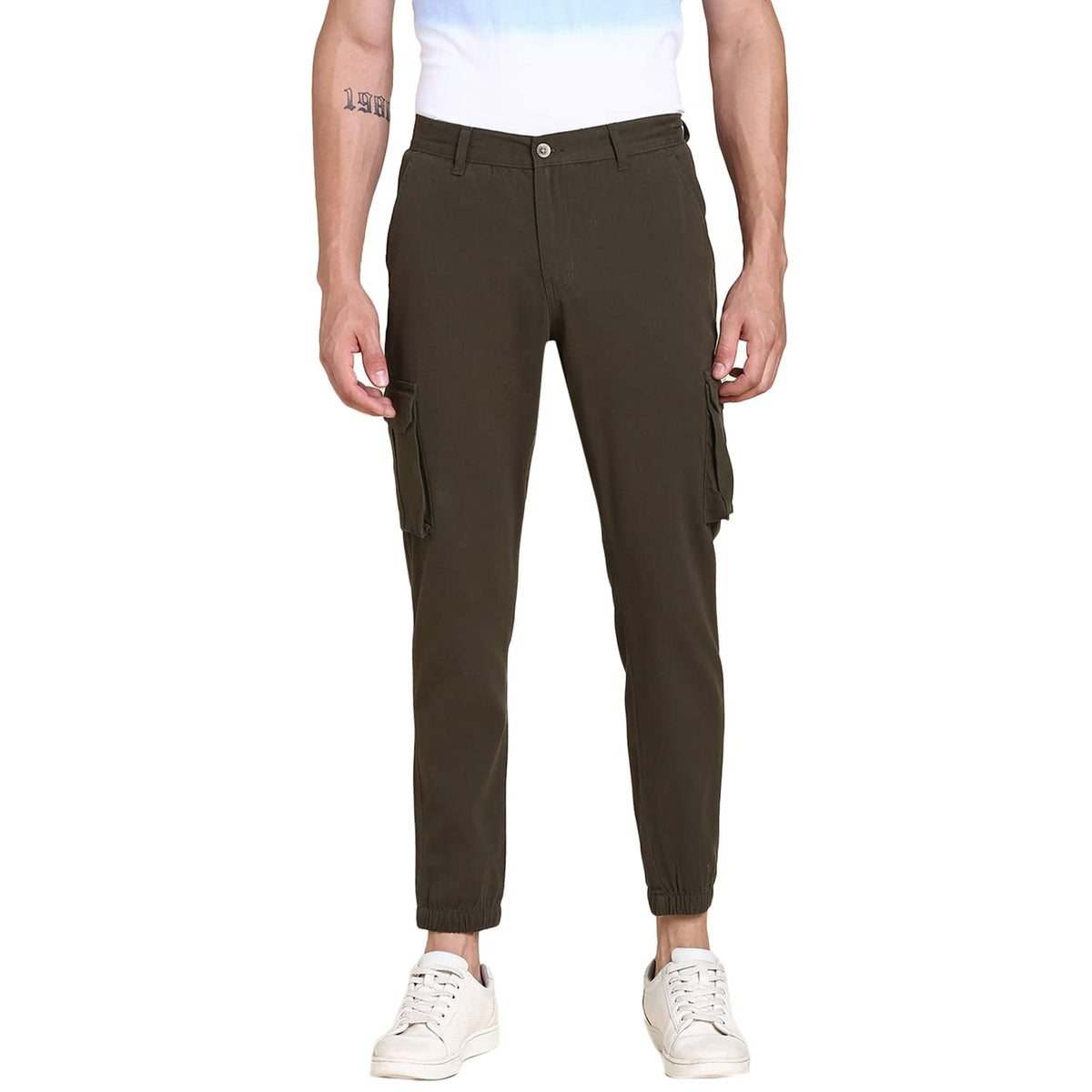 Dennis Lingo Slim Fit Dark Olive Solid Cargo Jogger for Men