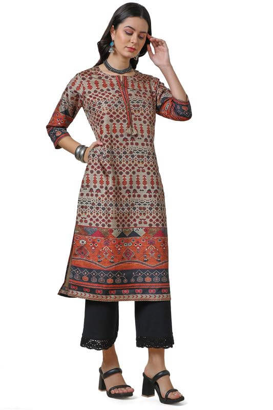 Soch Womens Beige Silk Blend Ethnic Motifs Kurta with Tassels
