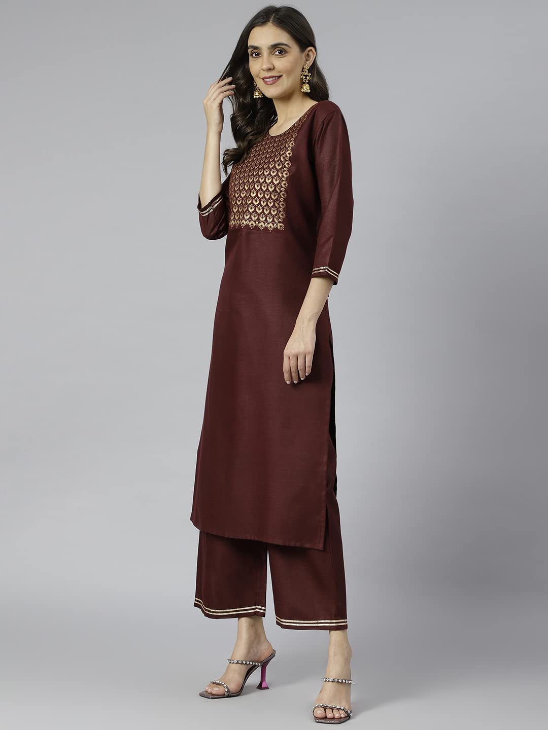 GoSriKi Women's Cotton Blend Printed Straight Kurta with Palazzo (Ridhma-GO)