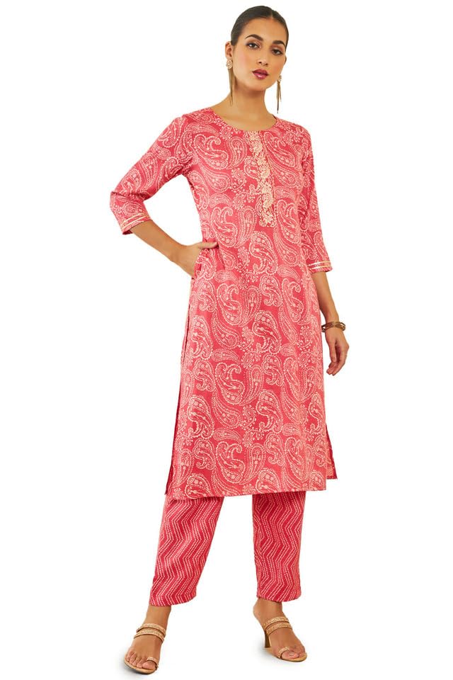 Soch Womens Pink Rayon Kurta Set with Paisley and Bandhani Print