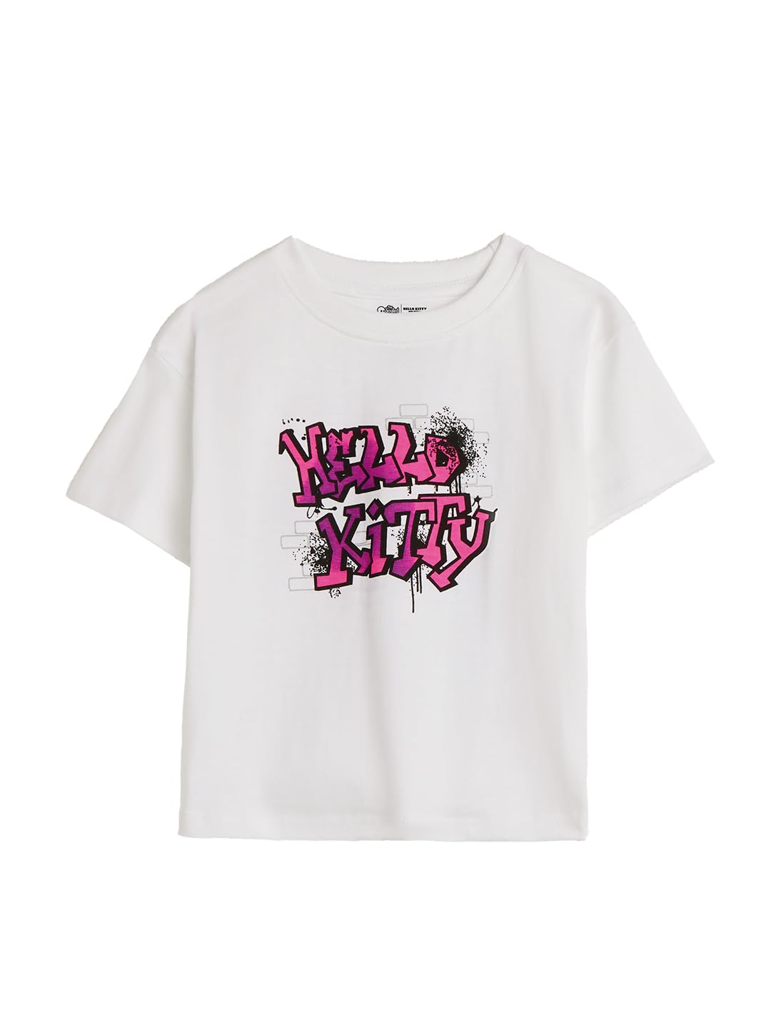 The Souled Store Hello Kitty: Musical Girls Short Sleeves Round Neck White Graphic Printed Cotton Oversized T-Shirts