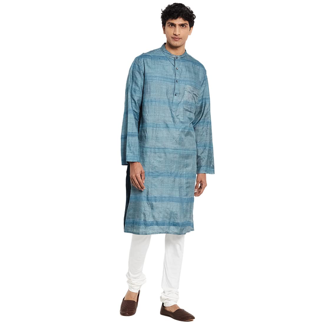 Fabindia Men Blend Woven Long Kurta Silk_M Grey
