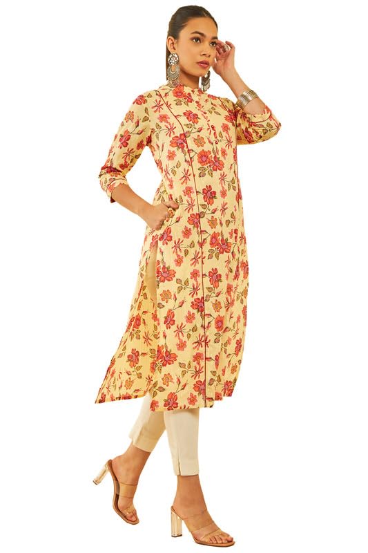 Soch Womens Light Yellow Cotton Floral Printed Band Collar Kurta with Zari