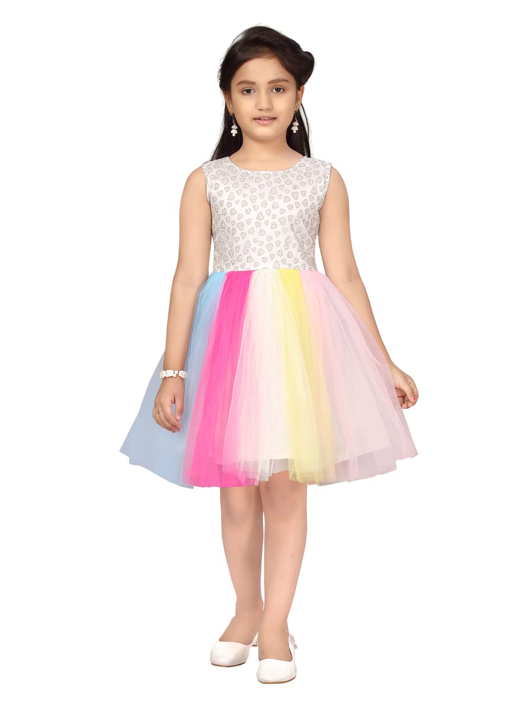 Aarika Girl's Nylon Classic Knee-Length Dress (NV-FK-21972_White-Multi