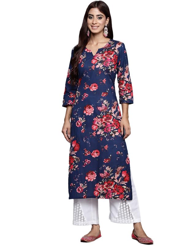 Varanga WomenS Blue Floral Printed Straight Kurta - Stylish Ethnic Wear | Elegant Traditional Attire For Festive And Casual Occ