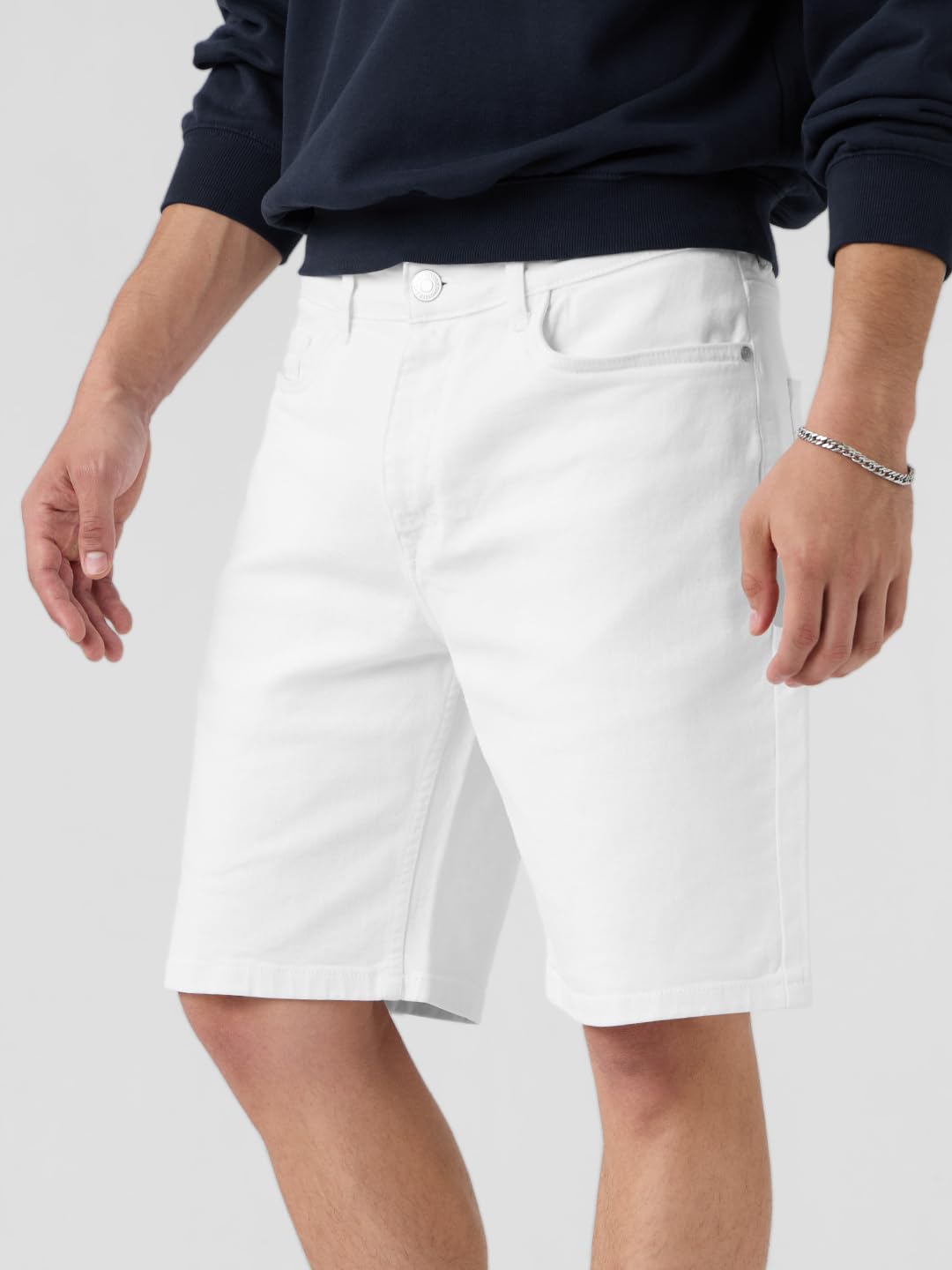 The Souled Store Denim Shorts: Ivory White Men and Boys Buttoned Solid Knee Length Cotton Blend Denim Shorts