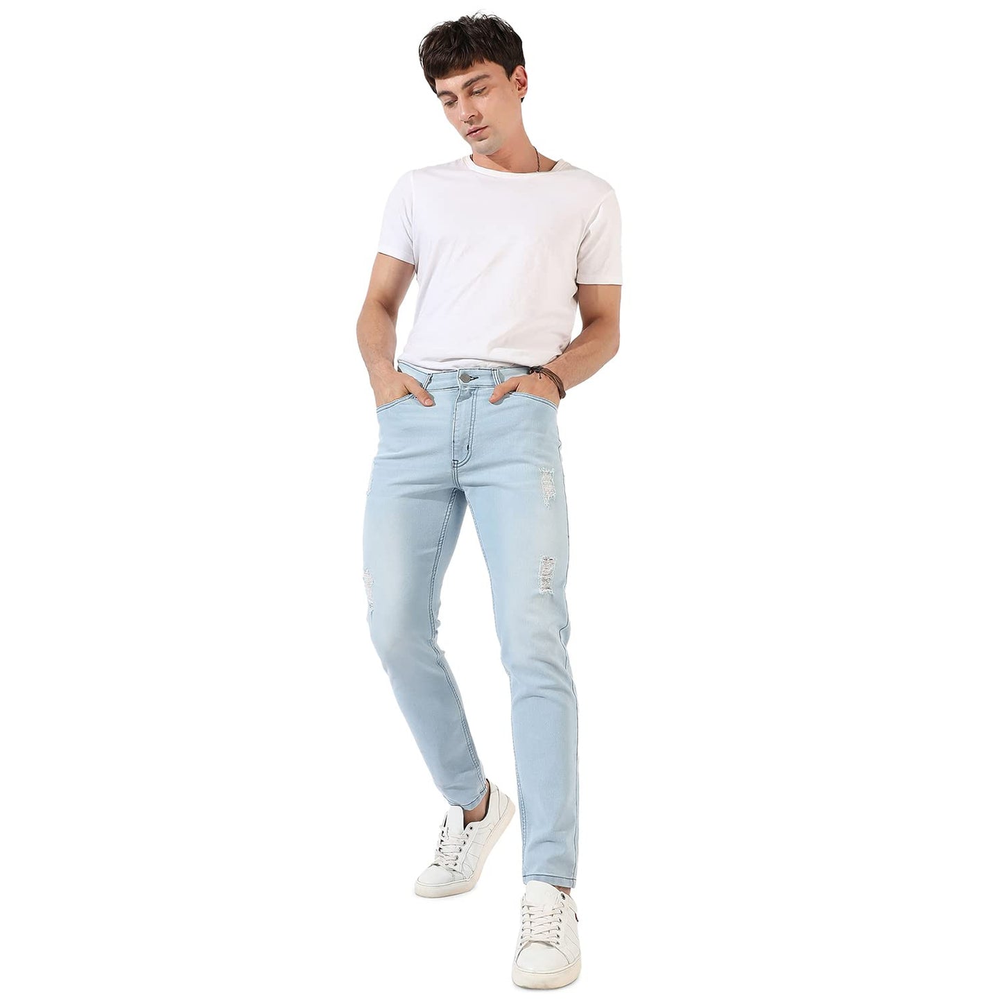 Campus Sutra Mens Classic Light Blue Light-Washed Distressed Patterned Denim Jeans, Regular Fit, Premium Stretchable Cotton Mid