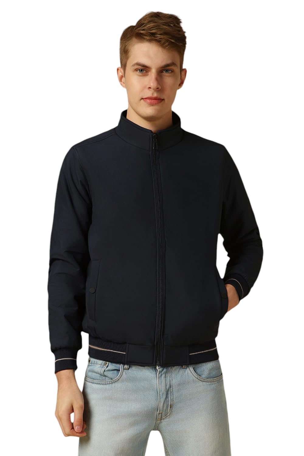 Dennis Lingo Men Navy Blue Solid Regular Fit Full Sleeve Mock Collar Padded Jacket