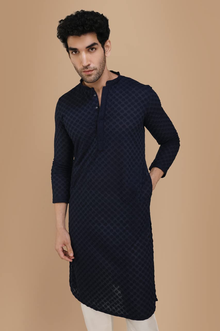 Manyavar Ravishing Chikankari Embroidered Navy Blue Kurta Set