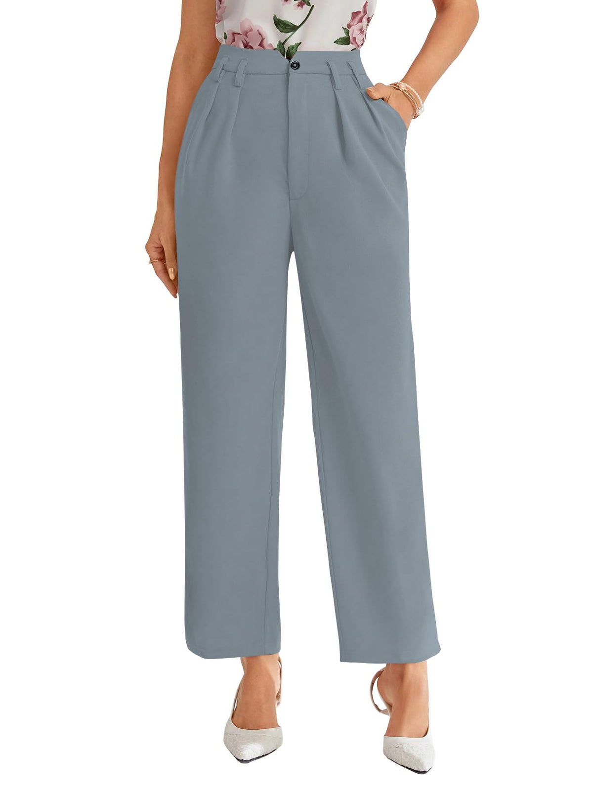 Shasmi Womens Sky Blue High Waist Pleated Straight Leg Trousers Elegant Solid Color Work Pants with Pockets, Casual Office Wear