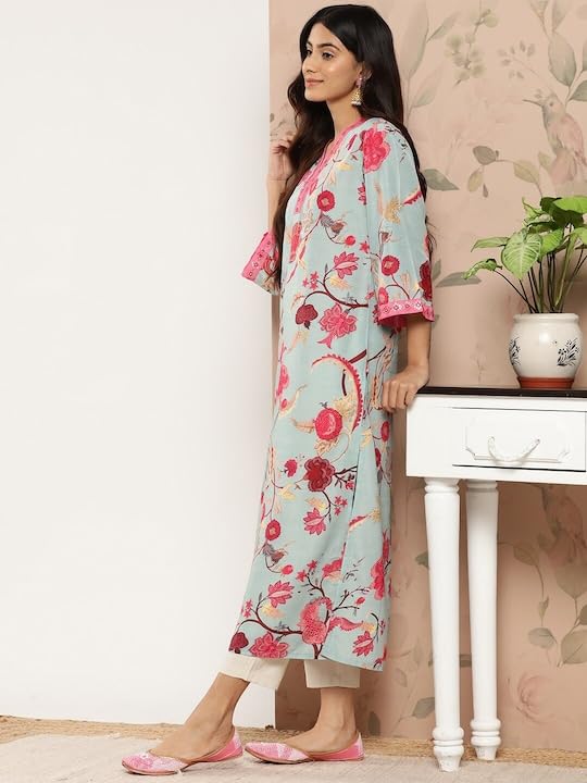 Varanga Women's Blended Relaxed Fit Floral Printed Sequinned Detail A-line Kurta ?Elegant and Stylish Ethnic Wear