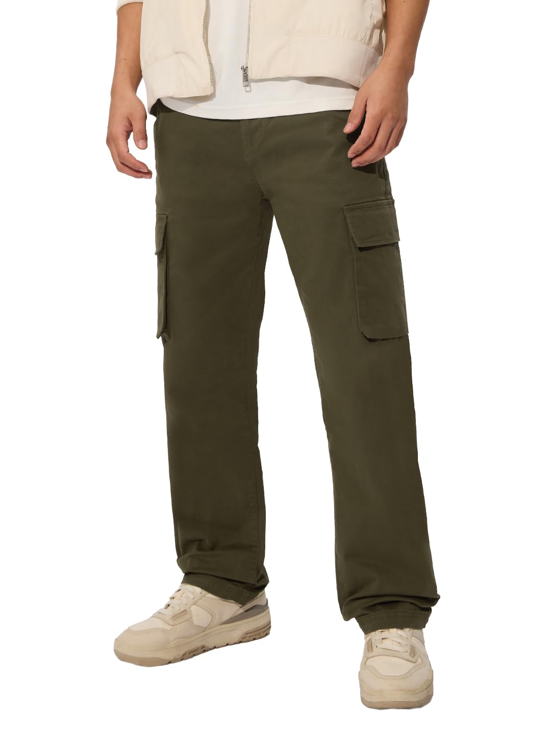 The Souled Store Solids: Olive Green Blue Men and Boys Camo Print Regular Fit 100% Cotton Cargo Pants - Lightweight Hiking Jogge