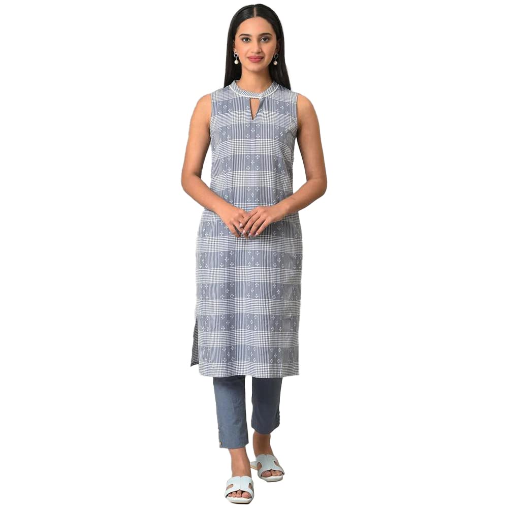 Aurelia Women's Cotton Solid Regular Blue Ghimgham and Dobby Sleeveless Kurta (23FEA13800-701996