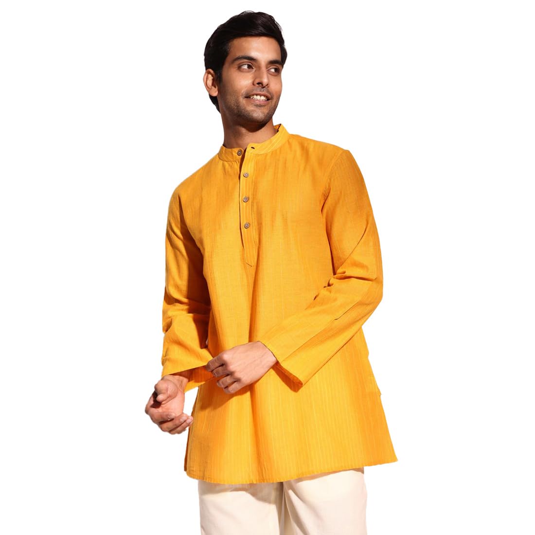 Fabindia Men Yellow Mandarin Collar Long Sleeves Kurta