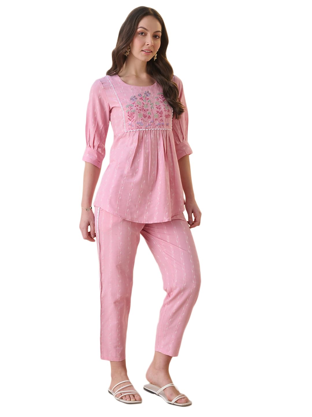Stylum Womnes Solid & Embroidered Cotton Blend Kurti Pant Set