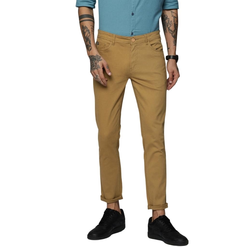 The Indian Garage Co Men Slim Fit Solid Mid-Rise Chinos Khakhi