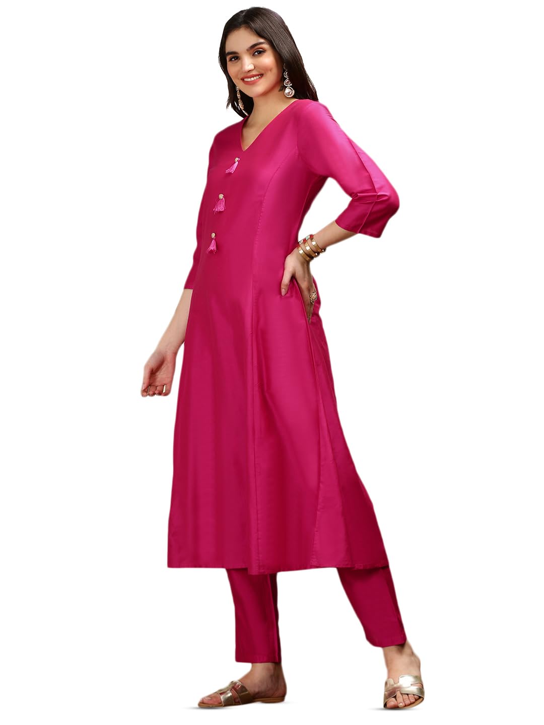 Ishin V-Neck Three-Quarter Sleeves Kurta With Trousers & With Printed Dupatta | Kurta Set For Women | Kurta With Trousers And Du
