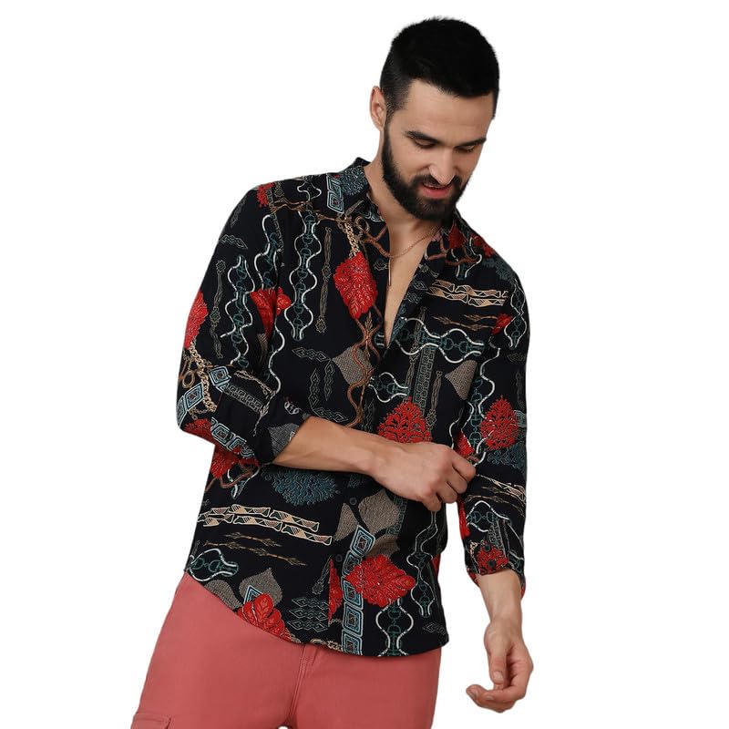 Campus Sutra Mens Crimson Red & Teal Green Artistic Block Shirt for Casual Wear | Spread Collar | Long Sleeve | Button Closure