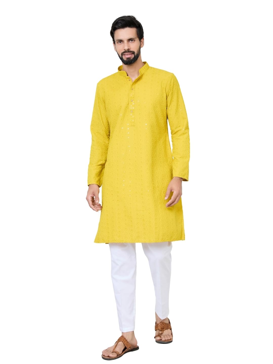 See Designs Mens Full Sleeve Mandarin Collar Yellow Embroidered Rayon Straight Long Kurta - Festive Collection | Dussehra & Diw