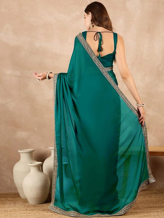 Cb-Colebrook Women'S Soft Satin Saree With Embroidered Sequin Border With Blouse Piece, Traditional Indian Ethnic Wear, Party, W