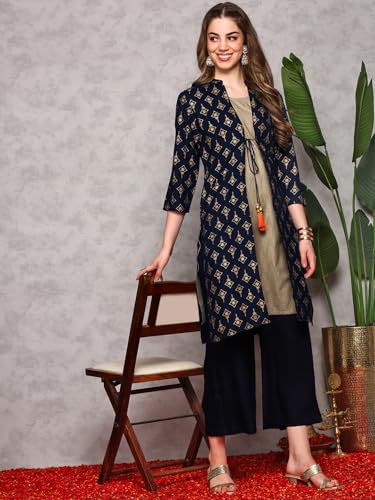 ishin Women Ethnic Motifs Printed Regular Straight Kurta with Palazzos | Kurta set for women | Kurta with palazzo and jacket