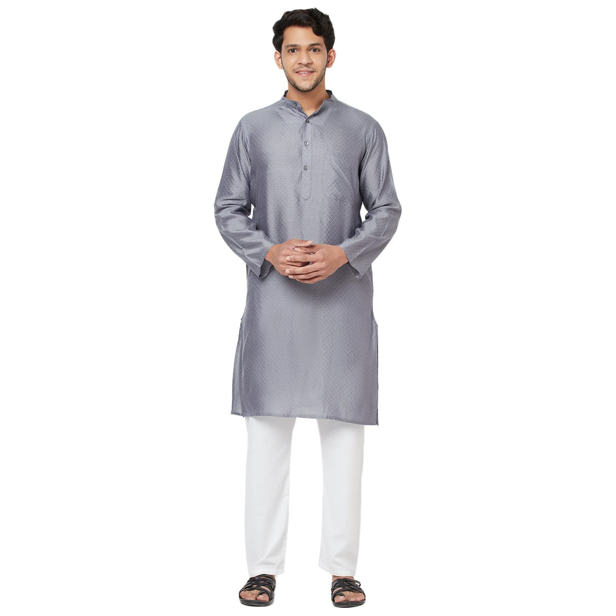 Fabindia Men Viscose Silk Abstract Slim Fit Long Kurta Grey_S