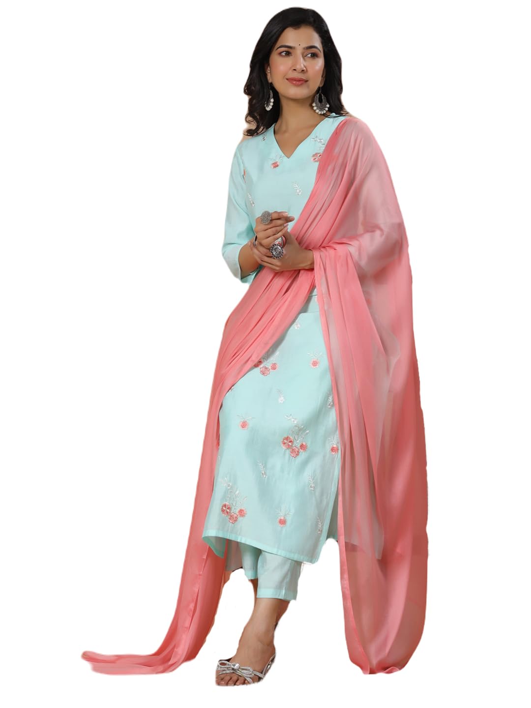 ANNI DESIGNER Women s Kurta Rayon Blend Pants with Dupatta, Green, L