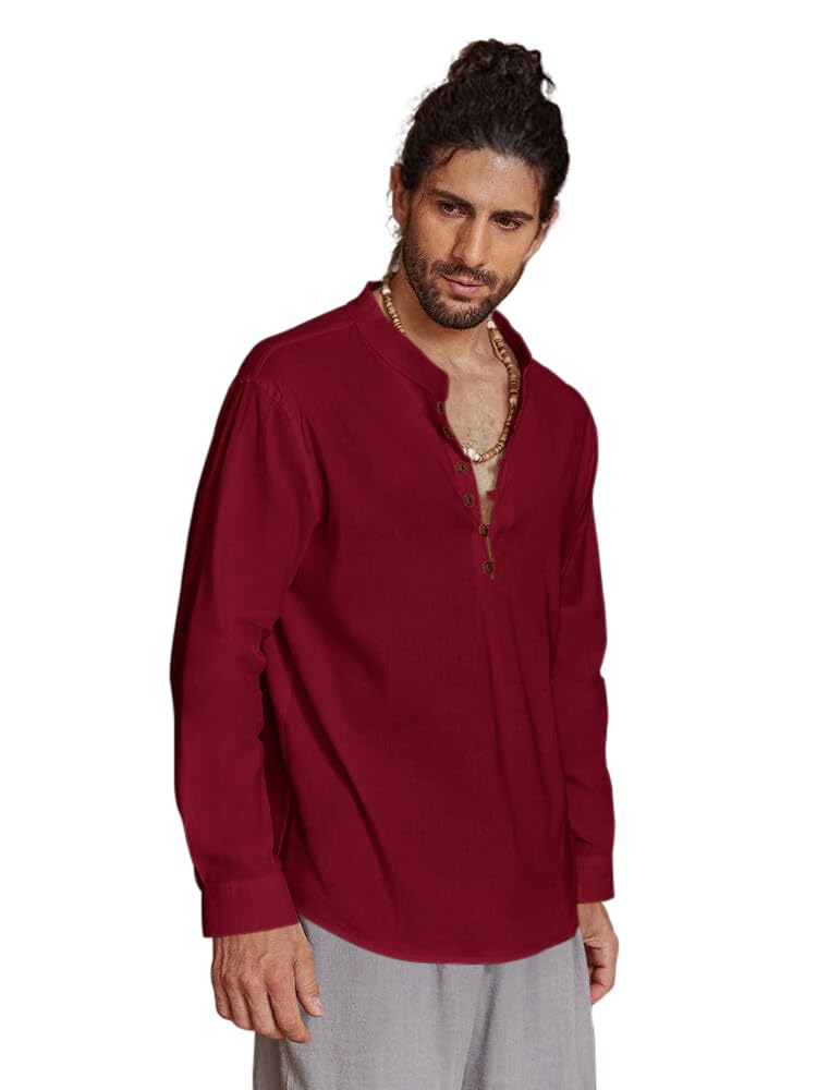 ROYALSCOUT Mens Cotton Solid Full Sleeve Short Kurta Shirt Maroon