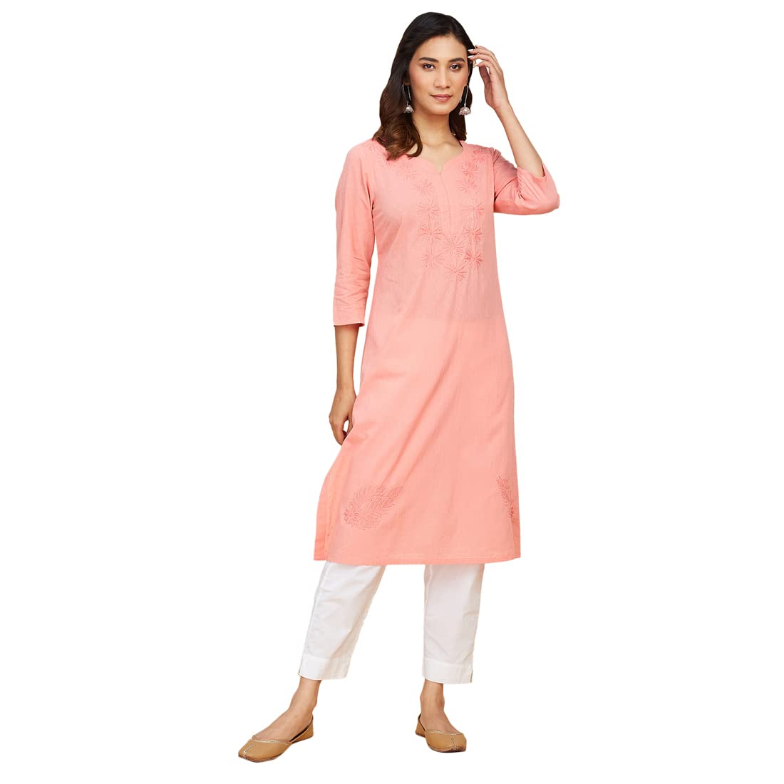 Fabindia Womens Cotton Chikankari Regular Kurta