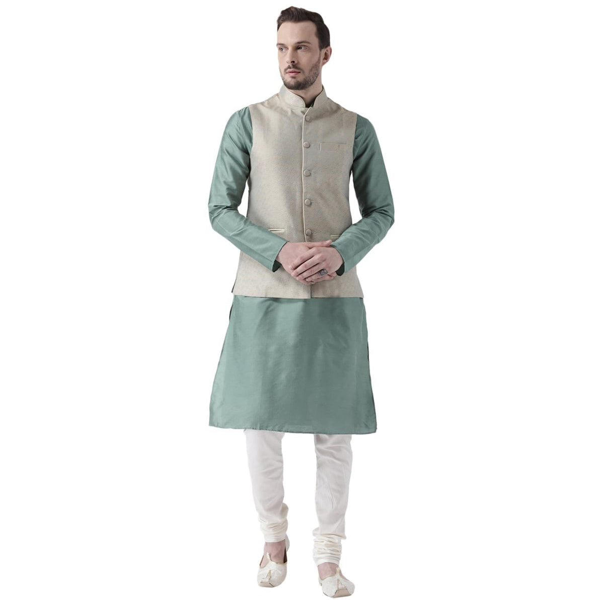 Kisah Men Green Cream Solid Banarasi Kurta With Churidar Nehru Jacket, Full Sleaves, Knee Length, Straight, Regular Fit, Mandari