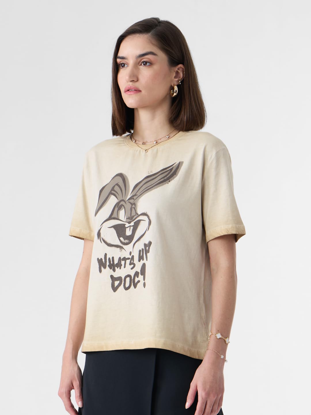 The Souled Store Bugs Bunny: Whats Up Doc Women and Girls Short Sleeves Round Neck Beige Graphic Printed Cotton Relaxed Fit T-S