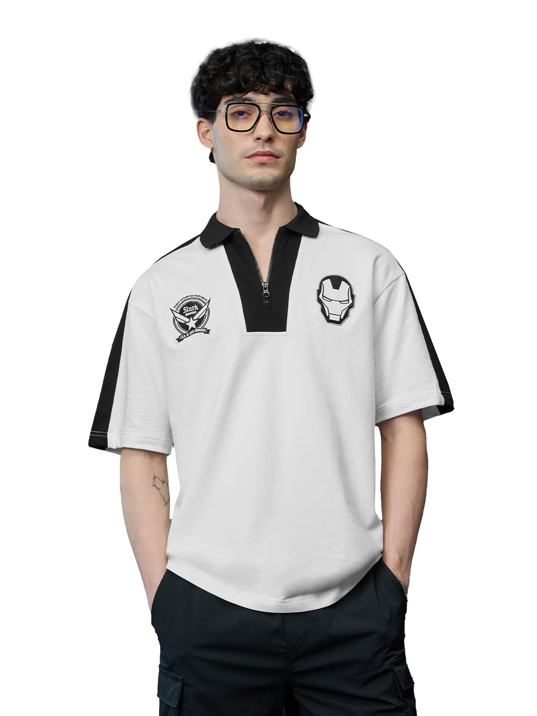 The Souled Store Iron Man: Stark Industries Men and Boys Short Sleeves Collared Neck White Embroidered Cotton Oversized Fit Zipp