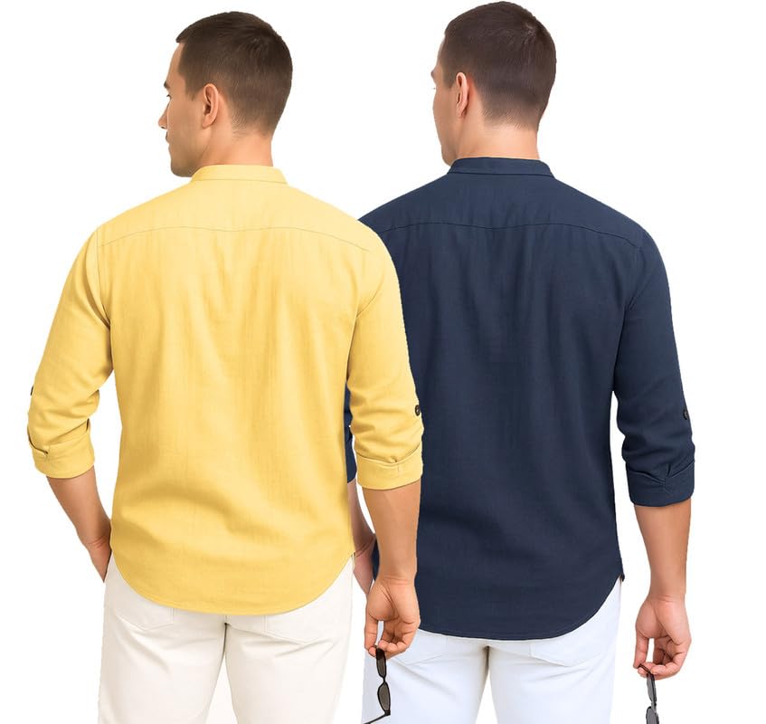 Deelmo Combo Of MenS Cotton Blend Solid Regular Fit Full Sleeve Short Kurta | MenS Trendy Short Kurta Pack Of 2 Yellow - Navy