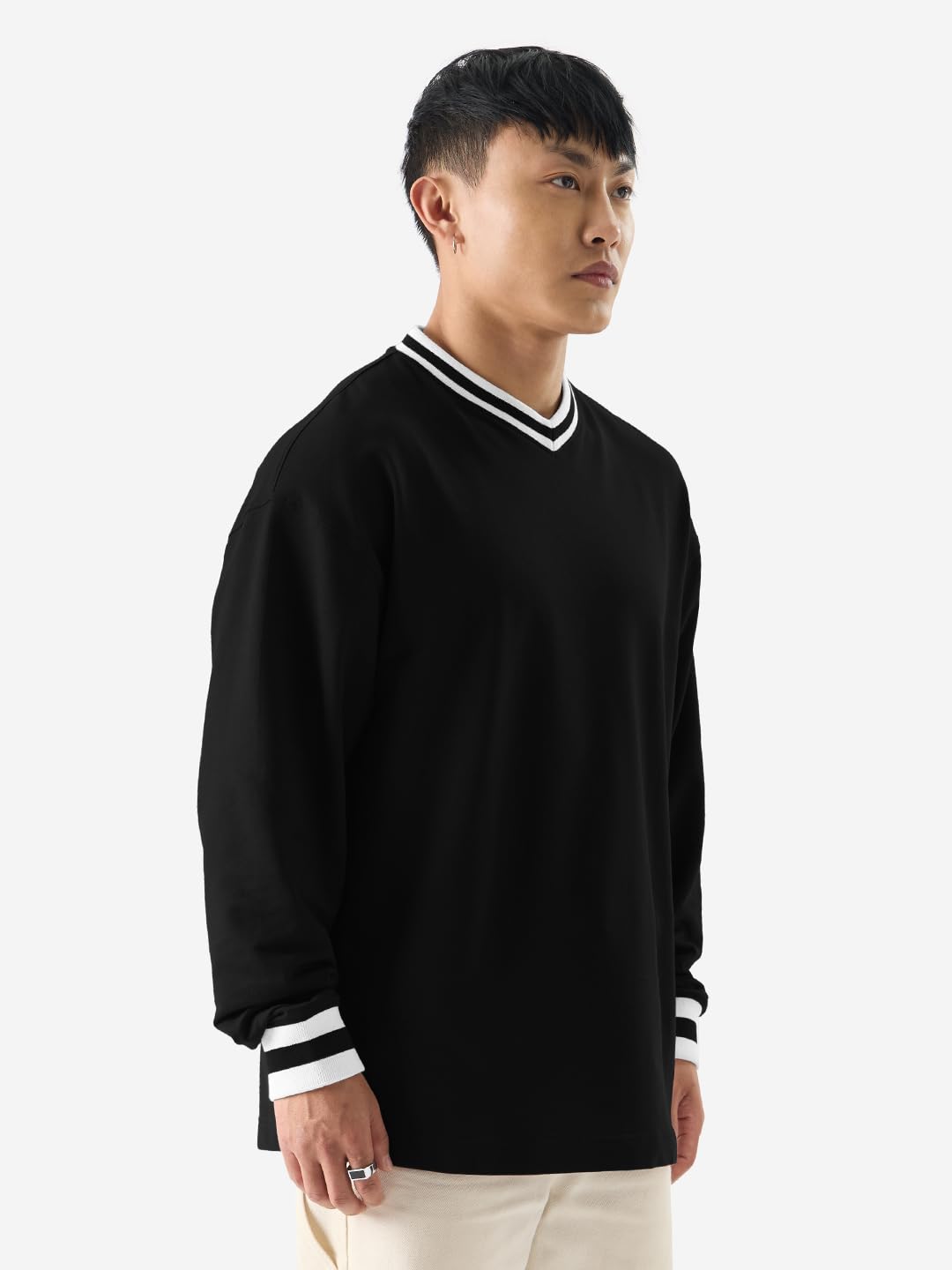 The Souled Store Solids: Black Men and Boys V-Neck Full Sleeve Oversized Fit T-Shirts Oversized Mens T-Shirts Solid Basic Tees